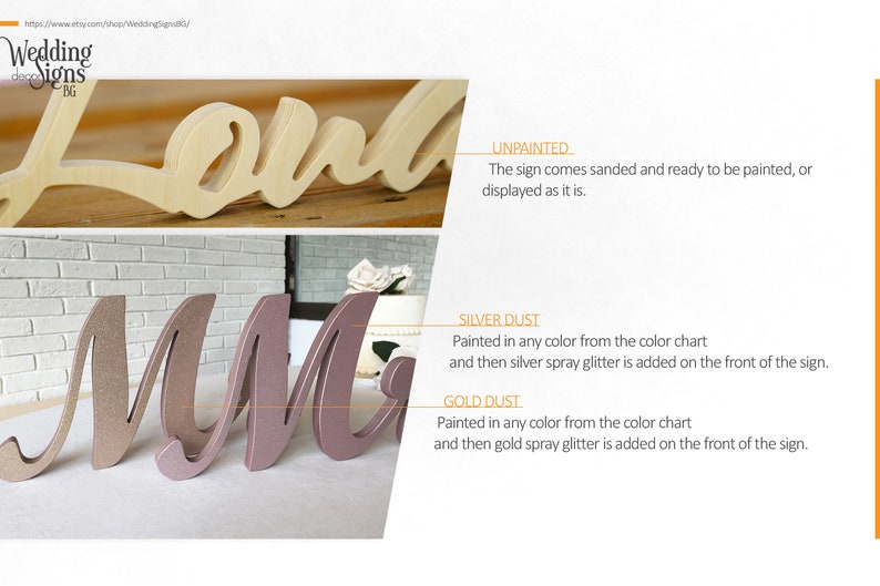 Puede incluir: Letreros de boda de madera con forma de las palabras "Love" y "Mr & Mrs". Los letreros est&aacute;n disponibles en acabados sin pintar, polvo de plata o polvo de oro.