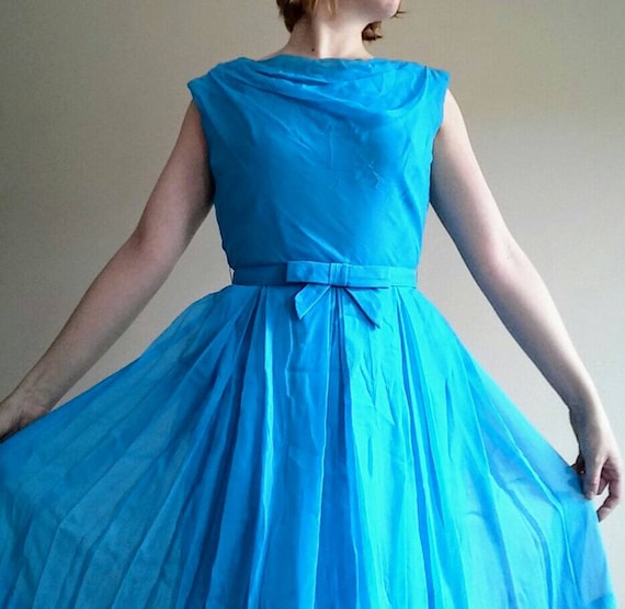 50s Bright Turquoise Chiffon Dress with Matching B