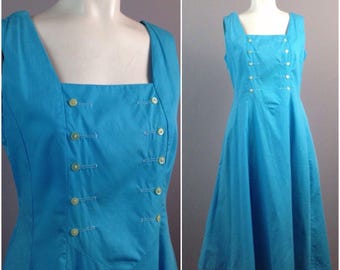 50's Turquoise Cotton Pinafore Swing Dress with Square Neckline, Rockabilly Swing Summer Dress, Size M/L