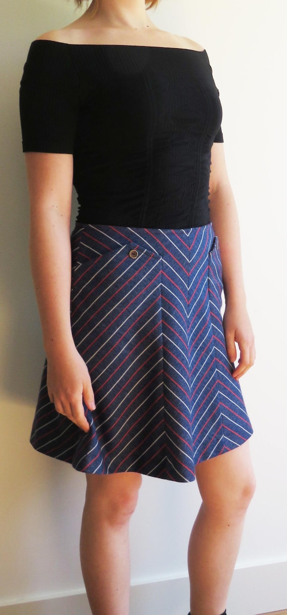 60s Vintage A-Line Blue Mini Skirt with White and