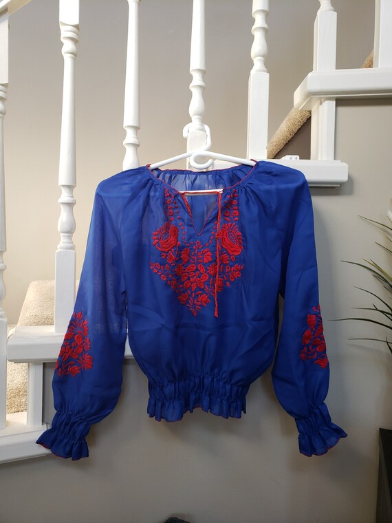 1970's Handmade Blue Sheer Hungarian Peasant Blous