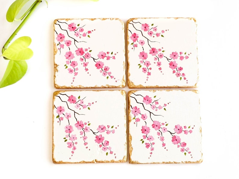 Hand painted Floral coaster Stone COASTERS Cherry blossom Decor SPRING DECOR Sakura Drink coasters
