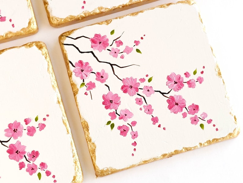 Hand painted Floral coaster Stone COASTERS Cherry blossom Decor SPRING DECOR Sakura Drink coasters
