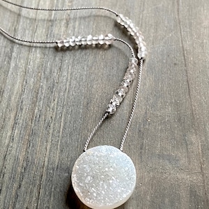 White Raw Druzy, Rose Quartz necklace, Minimalist necklace, Silk Thread necklace, Choker, Gemstone, Layering, Dainty