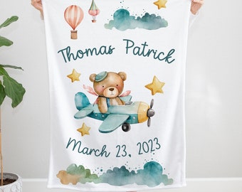 Personalized baby blanket, Airplane Baby Boy, Custom Baby Shower/New Baby Gift,  Birth Announcement Stats,  Balloon, Clouds, Teddy Bear