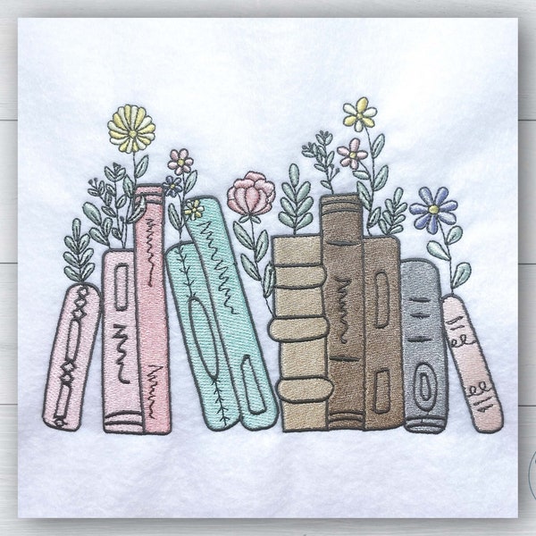 Book embroidery design machine embroidery digital pattern book lover gift bookshelf flowers librarian book club reader gift floral books
