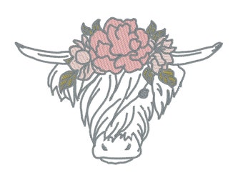 Floral highland cow,  machine embroidery design, 5 x 7 hoop, Formats dst exp hus jef pes vp3 xxx, instant download