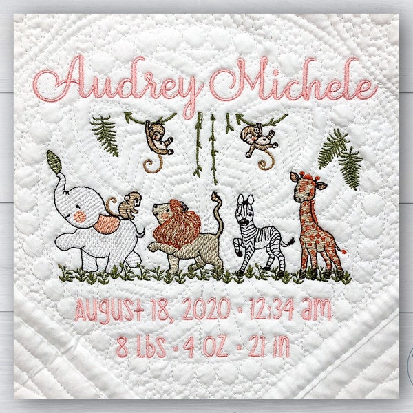 Custom baby blanket, Safari  Zoo Animal Parade, Embroidered baby quilt, Personalized baby blanket, Monogram baby blanket, New baby gift