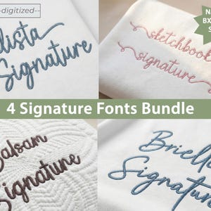May include: A bundle of four signature fonts, each displayed on a white background. The fonts are in various colors, including blue, pink, and brown. The text "4 Signature Fonts Bundle" is displayed in a green banner. The image also includes the text "Native BX Fonts Save $14".