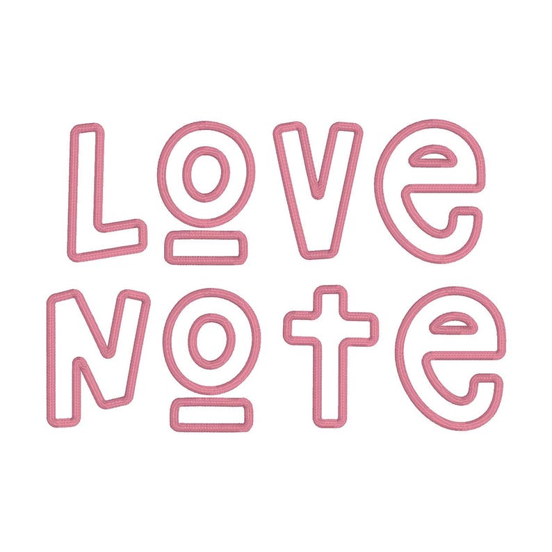 Puede incluir: Texto bordado en rosa sobre fondo blanco que dice "LOVE NOTE". Las letras est&aacute;n delineadas con una puntada gruesa y texturizada, creando un efecto 3D. El dise&ntilde;o es simple y moderno.