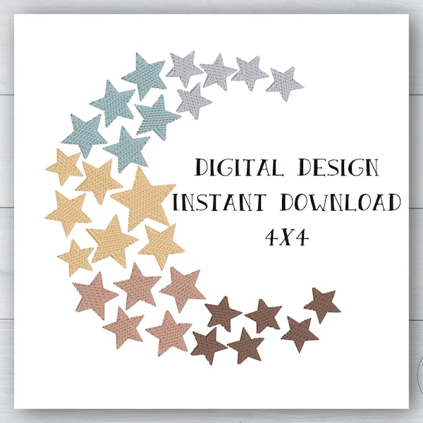 Ombre moon and stars machine embroidery design, 4 inch hoop size, Formats dst exp hus jef pes vp3 xxx, instant download