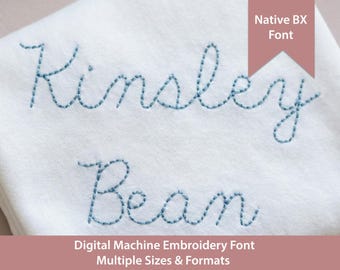 May include: A white fabric sample featuring the blue embroidered text Kinsley Bean in a cursive script. A pink banner in the upper right corner displays the text Native BX Font, and the bottom text reads Digital Machine Embroidery Font Multiple Sizes & Formats.