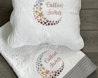 Custom quilted pillow COVER and quilt, Personalized  heirloom pillow case and blanket, New Baby name monogram gift, Fits 18 inch pillow form