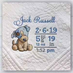 Personalized baby blanket, Vintage stuffed animal puppy dog, Birth Announcement, Custom baby blanket, Embroidered baby quilt, New baby gift