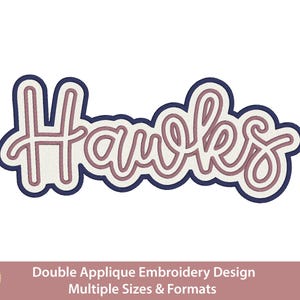 May include: A digital embroidery design featuring the word Hawks in a cursive script font. The lettering is outlined in a dusty rose color, set against a white background, and framed by a thick, dark navy blue border. The text Hand Digitized is visible.