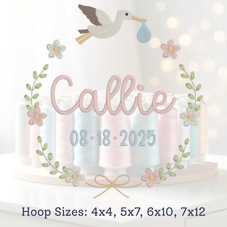 Stork Floral Wreath Embroidery Design, Newborn Announcement (digital ...