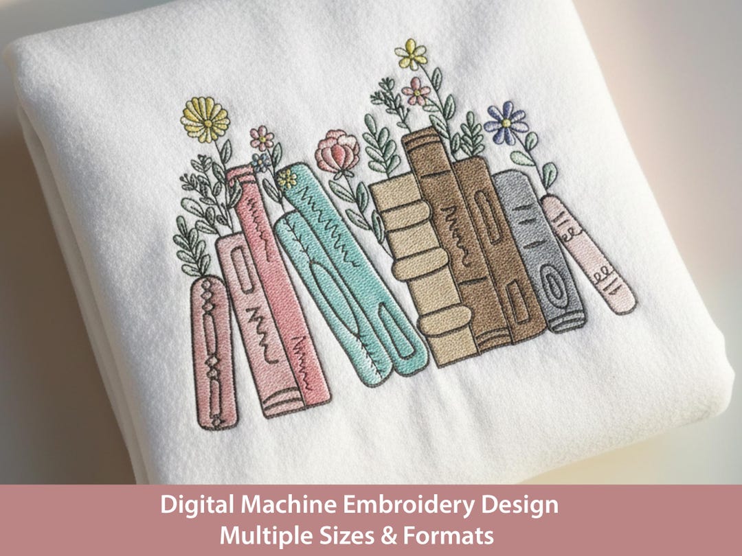Bookshelf Flowers Machine Embroidery Design: Floral Book Lover Gift ...