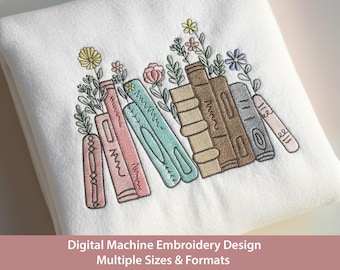 Bookshelf Flowers Machine Embroidery Design: Floral Book Lover Gift (Digital Pattern)