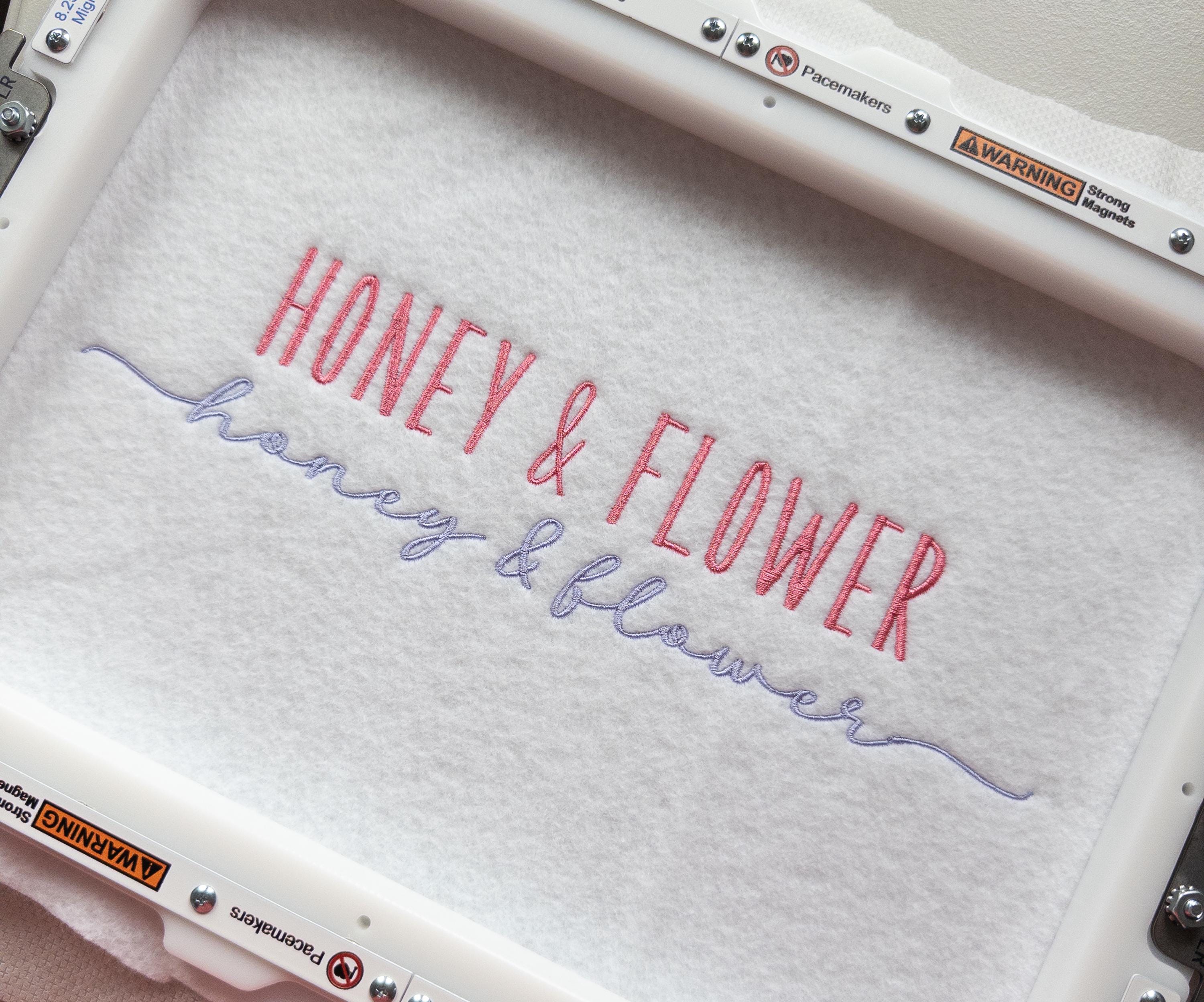 Machine embroidery font native BX font satin stitch Embrilliance Honey & Flower custom digitized font alphabet numbers swash included