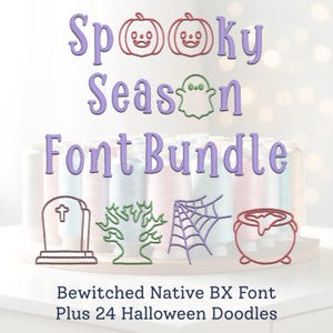 Puede incluir: Un paquete de fuentes con temática de Halloween con las palabras "Spooky Season Font Bundle" en morado. La imagen incluye diseños bordados de calabazas, un fantasma, una lápida, un árbol, una telaraña y un caldero. También está presente el texto "Bewitched Native BX Font Plus 24 Halloween Doodles".