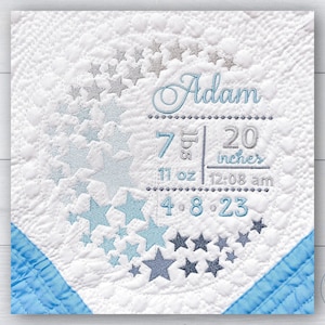 Moon and stars wreath, Custom baby blanket, Embroidered baby quilt, Personalized baby blanket, Birth announcement, New baby gift