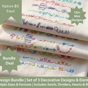 Puede incluir: Tres piezas de tela blanca dobladas bordadas con mini diseños coloridos, incluyendo flechas, corazones y espirales. La imagen incluye el texto "Native BX Font", "150+ Mini Designs" y "Bundle Deal".