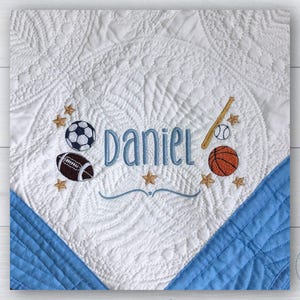 Personalized sports baby blanket, Custom baby quilt, Gift for baby boy, Embroidered baby blanket