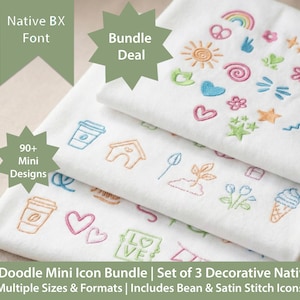 Könnte beinhalten: Drei gestapelte weiße Stoffquadrate, die jeweils mit farbenfrohen Kritzeldesigns bestickt sind. Das obere Quadrat zeigt einen Regenbogen, eine Sonne und ein Friedenszeichen. Der Text lautet "Cute Doodle Mini Icon Bundle".