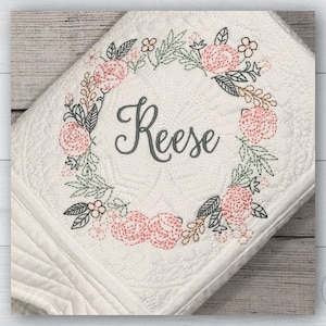 Personalized baby blanket, Rose floral wreath, Custom baby girl quilt, New baby gift