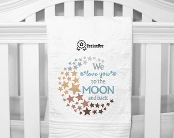 Ombre moon and stars "We love you to the moon and back", 2 sizes, embroidery design, Formats dst exp hus jef pes vp3 xxx, instant download