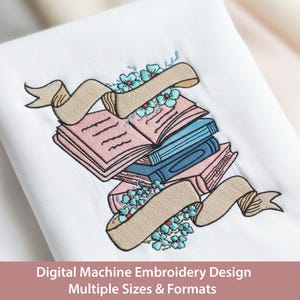 Floral Book Stack Embroidery Design: Librarian Reader Gift (Digital Pattern)