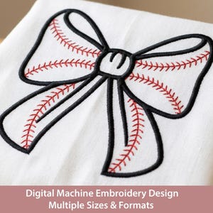 May include: A white fabric featuring a black bow design with red stitching, reminiscent of a baseball. The image includes the text "Digital Machine Embroidery Design Multiple Sizes & Formats".