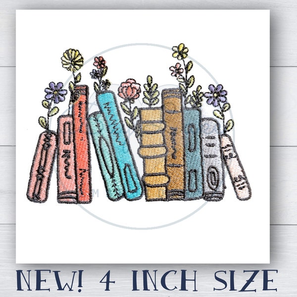 Book embroidery design FOUR INCH machine embroidery digital pattern book lover gift bookshelf flowers librarian book club reader gift floral