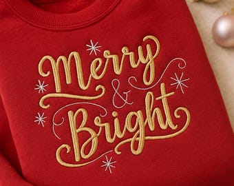 Merry & Bright Embroidery Design, Christmas Machine File, Holiday Saying, Digital Download
