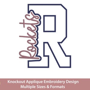 May include: A digital embroidery design featuring a large, navy blue outlined block letter R with the word Rockets written in a mauve cursive script layered over the left side of the letter. The design includes the text Hand Digitized.