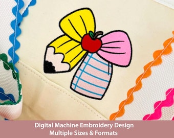 Pencil Apple Bow Embroidery Design | Teacher Embroidery File (Instant Download)