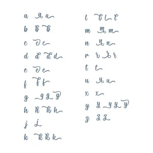 May include: A white backdrop features a handwritten alphabet in a pale blue colour. Each letter, from 'a' to 'z', is presented in a cursive script, demonstrating different stylistic forms. The image is a visual guide for calligraphy or lettering.