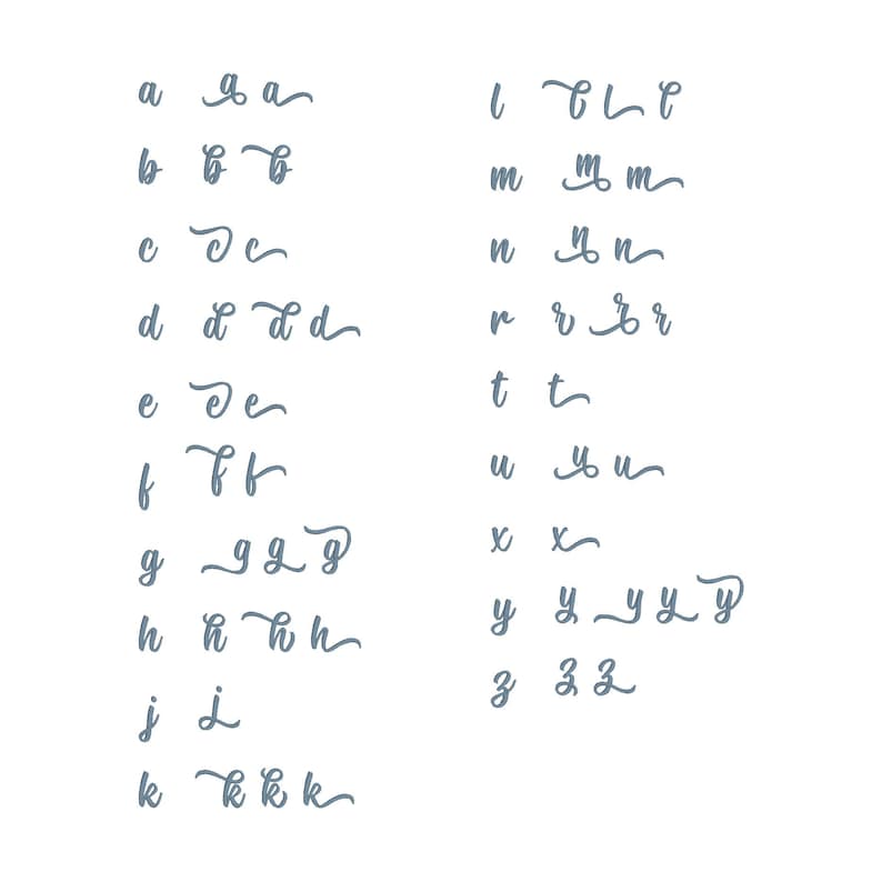 May include: A white backdrop features a handwritten alphabet in a pale blue colour. Each letter, from 'a' to 'z', is presented in a cursive script, demonstrating different stylistic forms. The image is a visual guide for calligraphy or lettering.