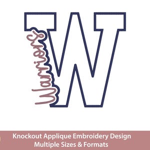 May include: A digital embroidery design featuring a large, bold, navy blue block letter W with a white interior. The word Warriors is written in a mauve, cursive script font, layered vertically over the left side of the letter W.