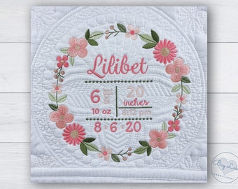 Boho floral wreath, Custom baby blanket, Embroidered baby quilt, Personalized baby blanket, Birth announcement, New baby gift