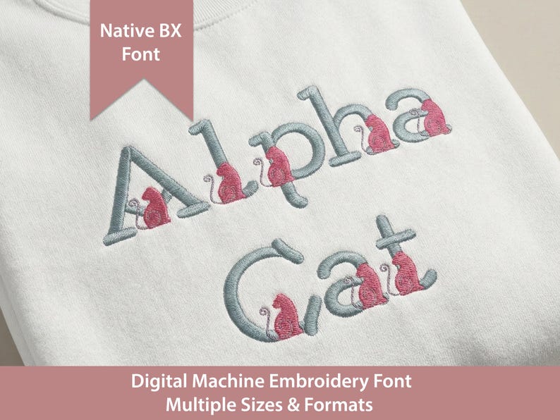 Stickmuster „Katzenalphabet“: Satinstich, Native BX-Schriftart (Digitaler Download) Bild 1