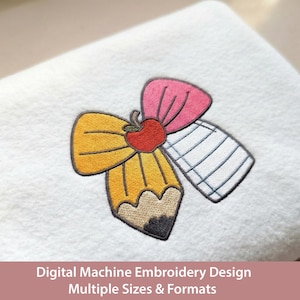 Back to School Pencil Bow Embroidery Design | Apple, Notebook (Instant Download)