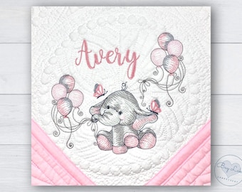 Baby Elephant Quilt Personalized Baby Blanket Embroidered Blanket Birth Announcement Baby Shower Gift Baby Gift Baby Girl Boy Quilt Custom