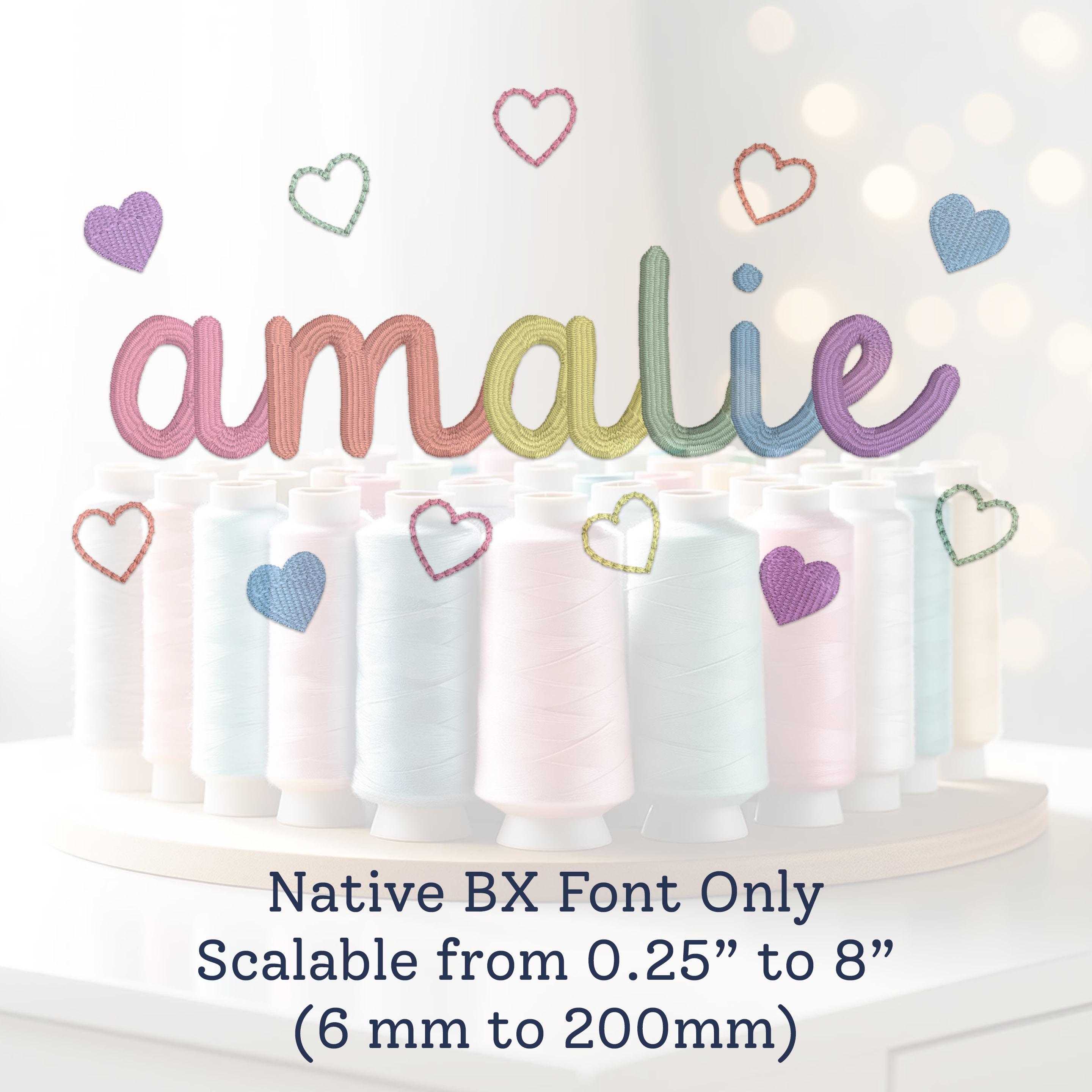 Machine embroidery font NATIVE BX ONLY  Amalie Script custom digitized alphabet numbers 6 glyphs: 2 hearts, 2 stars, bow, and daisy