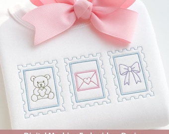 Vintage Stamp Mini Embroidery Design Set | Teddy Bear, Bow, Love Letter, Digital Pattern
