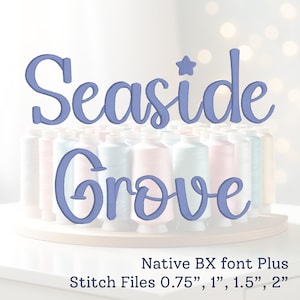 Machine embroidery font native BX font satin stitch Embrilliance Seaside Grove custom digitized font alphabet numbers 4 sizes stitch font