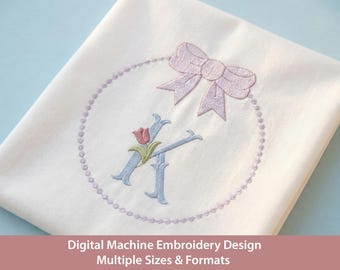 Pearl Bow Wreath Embroidery Design: Vintage Monogram (Digital File)