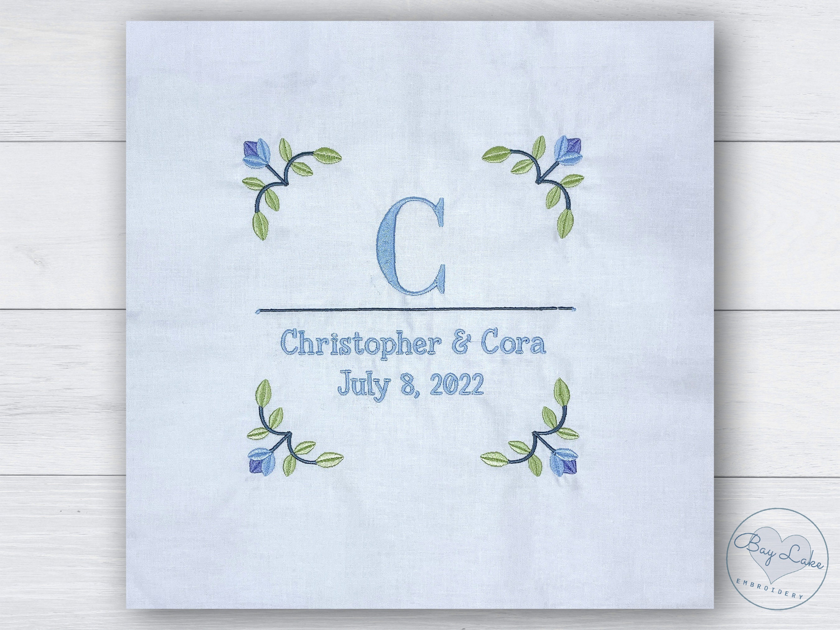 Custom embroidered quilt block square for wedding or shower, Guest Quilt, personalized design, white quilter's cotton, 14 inches square