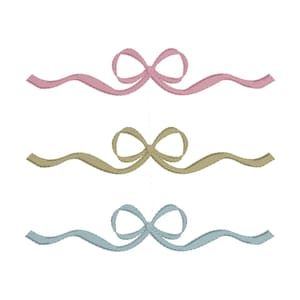 May include: Three decorative ribbon bows in pastel colors: pink, olive green, and light blue. Each bow is centered and has a wavy ribbon extending from each side. The bows are set against a white background.
