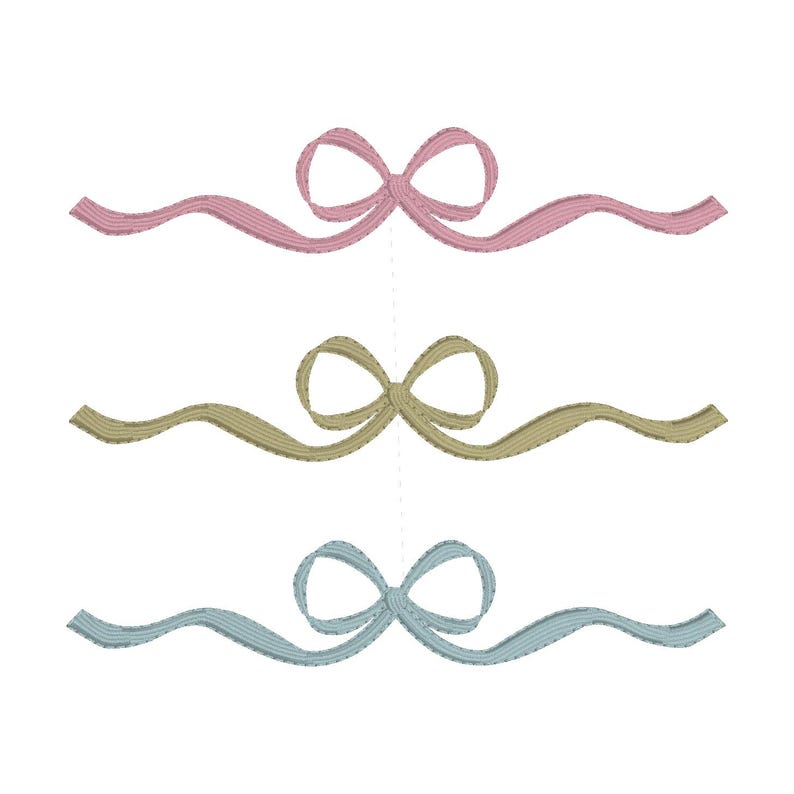 May include: Three decorative ribbon bows in pastel colors: pink, olive green, and light blue. Each bow is centered and has a wavy ribbon extending from each side. The bows are set against a white background.